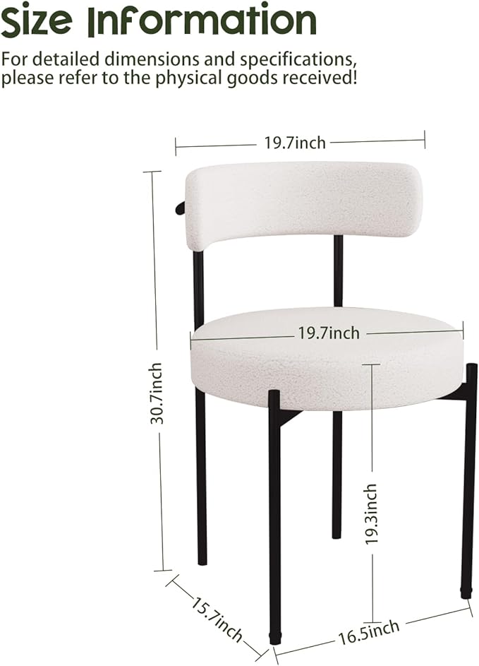 Boucle Dining Chairs Set of 2 Teddy Upholstered Dining Room Chairs Kitchen Chairs with Metal Legs Mid Century Modern Chair for Dining Room, Kitchen (Black Frame+White, 2)