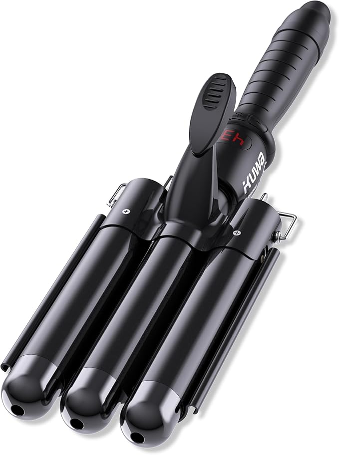 kuwa Three Barrel Curling Iron,Hair Crimper with LCD Temperature Display,1 Inch Crimper Hair Tool,Dual Voltage Hair Crimper,Beach Waver Curling Iron (Black)