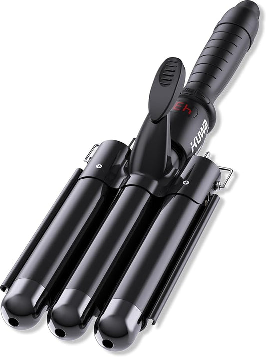 kuwa Three Barrel Curling Iron,Hair Crimper with LCD Temperature Display,1 Inch Crimper Hair Tool,Dual Voltage Hair Crimper,Beach Waver Curling Iron (Black)