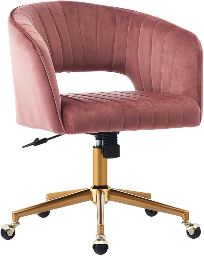 Vanity Chair with Back 360 Swivel Armchair and Gold Base, Criss Cross Chair with Wheels for Vanity Home Office, Living Room, Bedroom and Study (Pink)