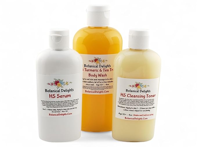 Hidradenitis Suppurativa Cleansing Toner, Serum and Turmeric & Tea Tree Body Wash - Designed specifically to soothe and prevent HS flare-ups - Eases discomfort and allow the toxins inside to drain.