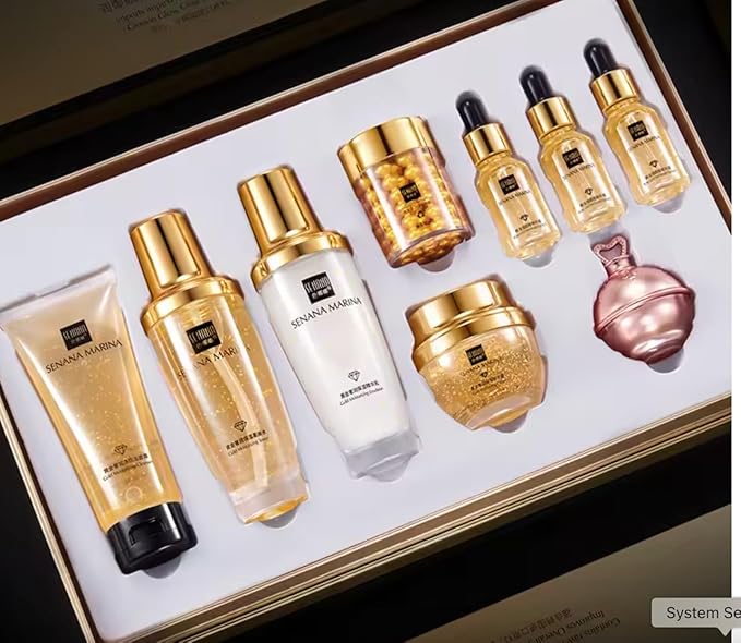 QueenLine 9PCS 24K Gold Facial Cleanser Eye Creams Face Cream Serum Lotion Toner Brightening Moisturizing Face Care Skin Care Sets