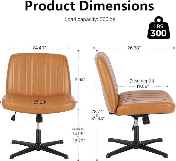 DUMOS Desk Chair No Wheels, Criss Cross Chair Wide Cross Legged Office Desk Vanity Chair, PU Leather Armless Adjustable Swivel Chairs for Home Computer Task Brwon