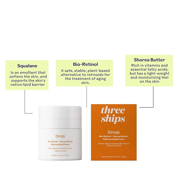 Three Ships - Dream Bio-Retinol + Shorea Butter Rejuvenating Cream | Helps Even Skin Tone, Hydrate, Smooth | Cruelty-Free, Vegan, Paraben-Free, Sensitive Skin Safe (1.76 oz | 50 g)