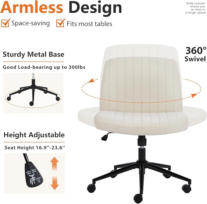 Sweetcrispy Criss Cross Chair Legged with Wheel, Armless Office Swivel Desk Chair with Wheel, Vanity Height Adjustable Wide Seat Comfy Cute Computer Task Seating for Home Bedroom