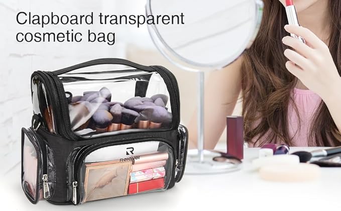 Makeup Brush Bag, Clear Makeup Brush Holder Professional Makeup Artist Travel Case Waterproof Cosmetic Organizer Bag, Full Open Easy to Access, with Adjustable Shoulder Strap and Dividers