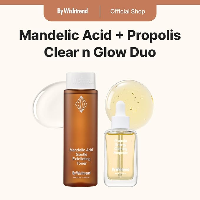 BY WISHTREND Clear N Glow Duo with 5% Mandelic Acid Gentle Exfoliating Toner & Propolis Energy Calming Ampoule for Sensitive Skin, Exfoliation & Hydration Duo