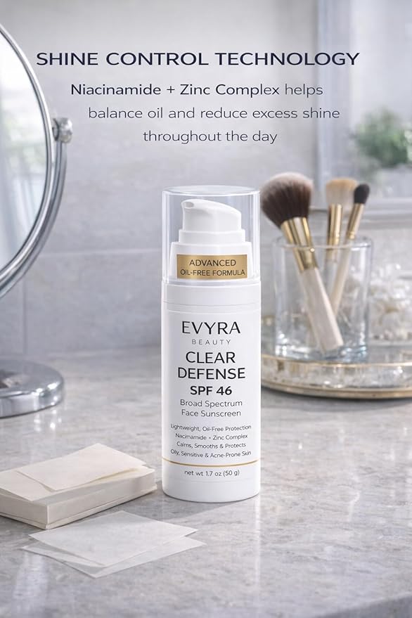 EVYRA Clear Defense SPF 46 Sunscreen Lotion for Face Broad Spectrum UV Protection, Niacinamide + Zinc PCA Oil Control, Lightweight Non-Greasy, No White Cast, Water-Resistant, For Oily/Acne-Prone Skin