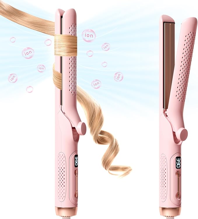 Hahahope Airflow 2 in 1 Straightener and Curler- 360° Airflow Styler Curling Iron, 1.25" Flat Iron Hair Straightener and Curler 2 in 1 for Short Long Hair, 5 Temps,Dual Voltage,Light Pink