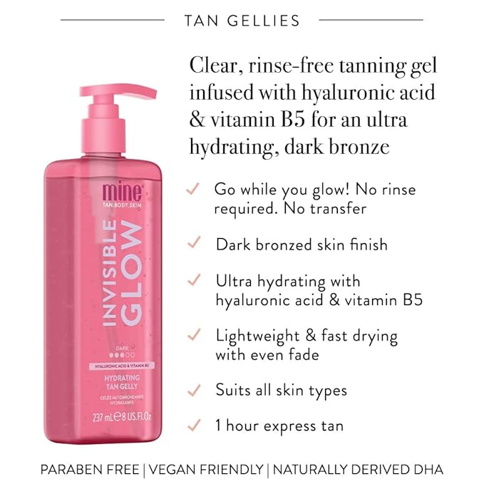 MineTan Clear Self Tanning Gel | Dark Invisible Tan Gelly - Best Transfer Free Sunless Tanner, Hydrating, Quick Apply, Hyaluronic Acid, Gives a Dark Bronze Skin Finish, Face & Body, 8 Fl Oz