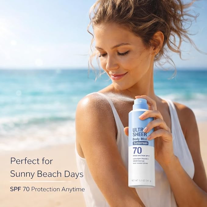 Ultra Sheer SPF 70 Body Sunscreen Spray, 5 oz Lightweight Sun Care Mist, Dry Touch Feel, Sheer Finish Protection for Outdoor and Daily Use