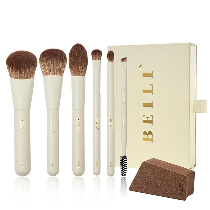 BEILI Mini 6Pcs Makeup Brush Set – Elegant Off White, Professional Travel Brushes for Foundation, Contour, Highlighter & Blending, with Sponge and Gift Box