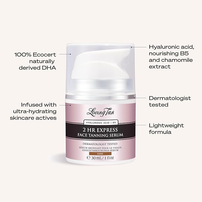 Loving Tan NEW 2 Hr Express Face Tanning Serum, Dark - Hydrating, Natural-Looking Glow Sunless Self Tanner, Dermatologist Tested, Lightweight, Naturally Derived DHA, Vegan & Cruelty-Free - 1 fl oz