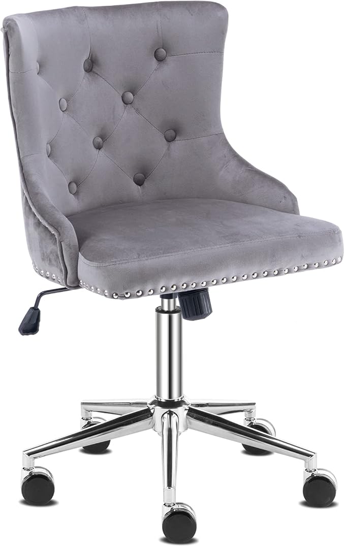 VINGLI Grey Velvet Armless Home Office Desk Chair with Silver Chrome Base/Wheels, Small Cute Vanity/Makeup Chair with Back for Bedroom, Upholstered Adjustable Rolling Swivel Nail Chair for Women/Girls