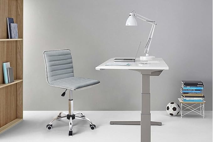 Furmax Vanity Office Desk Chair with Wheels, Armless Small Cute Leather Makeup Computer Task Chair Adjustable Height 360° Swivel (Light Grey)