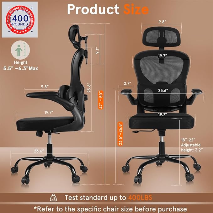 Ergonomic Office Chair, 400 LBS Office Chair Computer Rolling Comfortable Gaming Mesh Office Chair with Adjustable Lumbar Support High Back Desk Chair for Home Work (Higher)