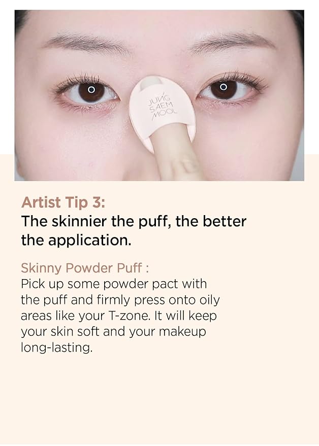 JUNG SAEM MOOL Skinny Tap Puff 3pcs, Mini Precision Puff for Concealer and Touch-Up, Ultra-Slim Fitting Makeup Sponge for Seamless Coverage Around Nose Eyes Lips, Korean Beauty Tool