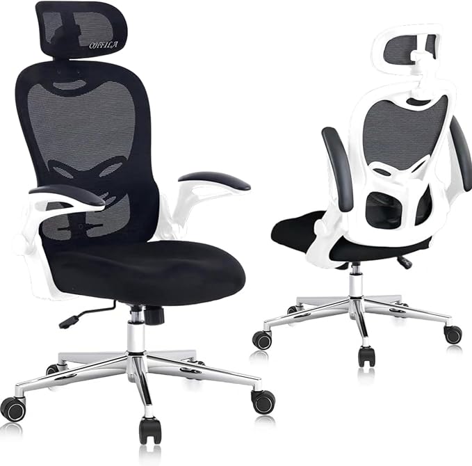 Office Chair, Ergonomic Breathable Mesh Chair,Flip-Up Arms and Adjustable High Back Lumbar Support,Comfy Computer Chair for Home Office (Black/White, 407)