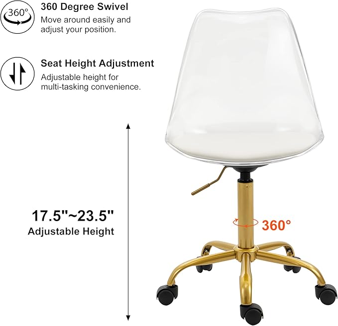 HOMEFUN Clear Desk Chair with Cushion, Armless Acrylic Rolling Chairs with Golden Feet Swivel Height Adjustable Ghost Molded Plastic and Wheels