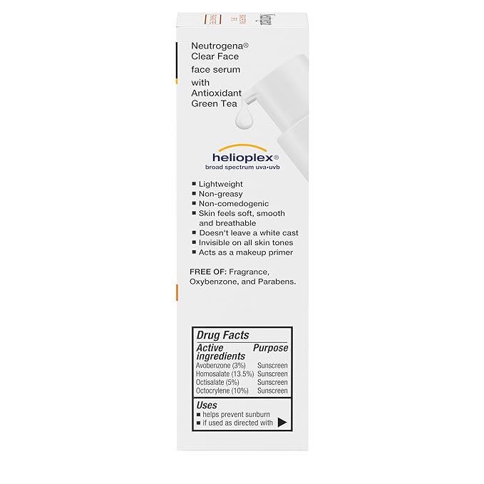 Neutrogena Clear Face Serum Sunscreen with Green Tea,Broad Spectrum SPF 60,Non-Comedogenic Face Sunscreen for Lightweight UVA/UVB Protection,Oxybenzone- & Fragrance-Free,1.7 fl. oz,(Pack of 2)