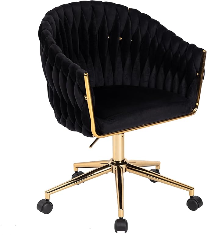 Velvet Office Chair with Hand Woven, Black Vanity Chairs with Golden Wheels, 360° Swivel Home Office Desk Chair Computer Chairs, Accent Chair Makeup Chair for Bedroom, Living Room(Black)