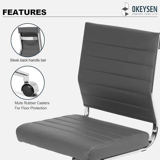 Okeysen Armless Office Desk Chair, Mid Back Ergonomic Swivel Conference Room Chair, Adjustable Height PU Leather Home Desk Chair with Lumbar Support, Modern Small Rolling Computer Task Chair, Gray