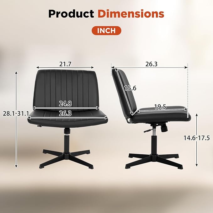 PayLessHere | Criss Cross Chair | Black | Wide, Armless Desk Chair Without Wheels | 360 Swivel, Height Adjustable & Stable Metal Base | for Office, Home Office, Vanity Seating
