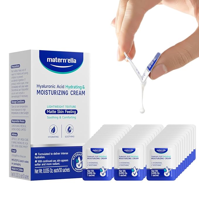 matern'ella Facial Moisturizer Cream with 4D Hyaluronic Acid Hydration, Peptide Anti-Aging 30 Sachets Travel-Friendly Single-Use Packets for Dry and Sensitive Skin