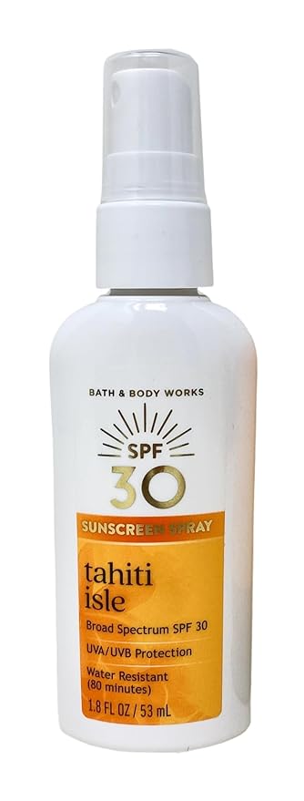 Bath & Body Works Tahiti Isle SPF 30 Body Stick, Sunscreen Lotion and Sunscreen Spray Travel Size with a Peach Gardenia Sample Soap