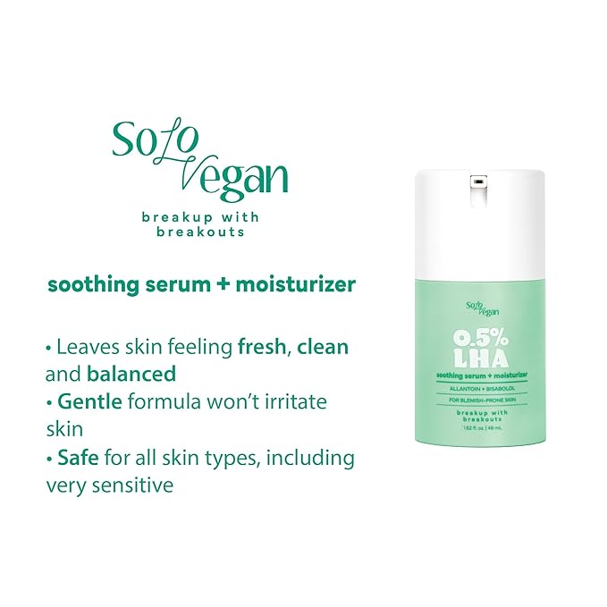 SoloVegan LHA Serum + Moisturizer | Hydrating, Moisturizing, Vegan Korean Skincare for Sensitive, Acne-Prone Skin (Facial Serum, 1.62 fl.oz)