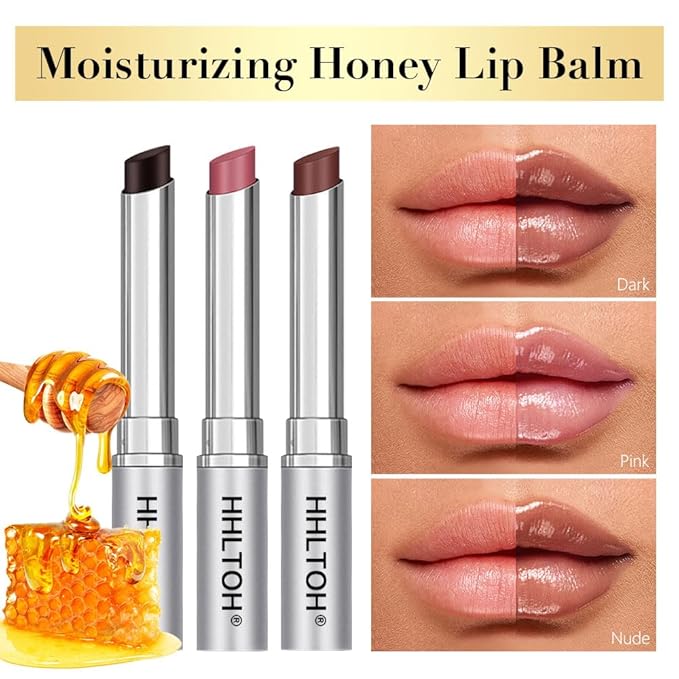 Honey Tinted Lip Balm Lipstick Set of 3, Nude + Pink + Black, Sheer Hydrating & Lightly Tinted Lip Color, Moisturizing Nourishing Lip Balm with Natural Black Cherry Tint, For All Skin Tones