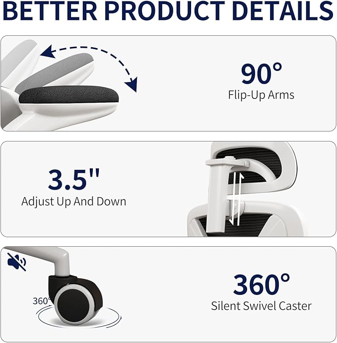 Ergonomic Office Chair - Desk Chair with Adjustable Headrest Lumbar Support Computer Chair - Mesh Comfy Chair with Flip-up Armrests - Gaming Chairs for Adults Home Office 330 LBS (White+Black)