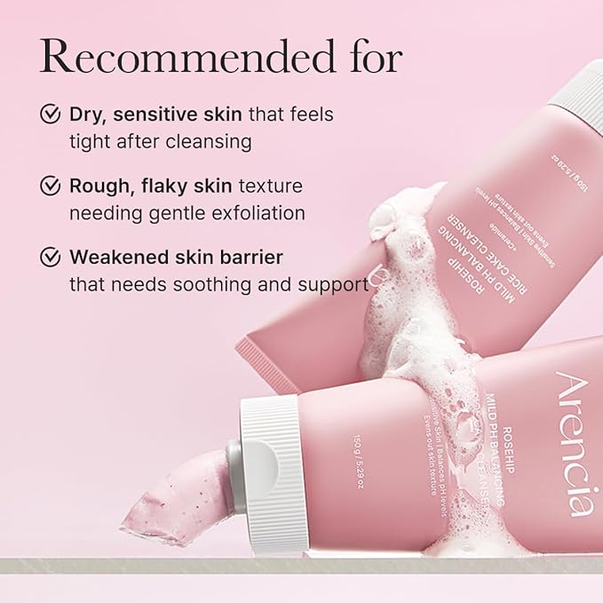 ARENCIA Rosehip Rice Cake Cleanser, pH Balancing Face Wash with Ceramide for Sensitive Skin, 5.29 oz