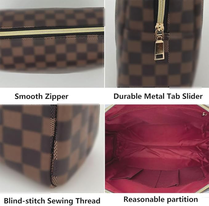 bopomofo Brown Checkered Cosmetic Bag 3 Pack,1 Big Pouch,1 Makeup Brushes Holder, 1 Coin Purse,Portable Travel Makeup Bag Set Lightweight and Waterproof Storage Bag Organizer (Brown Checkered 3 Pcs)