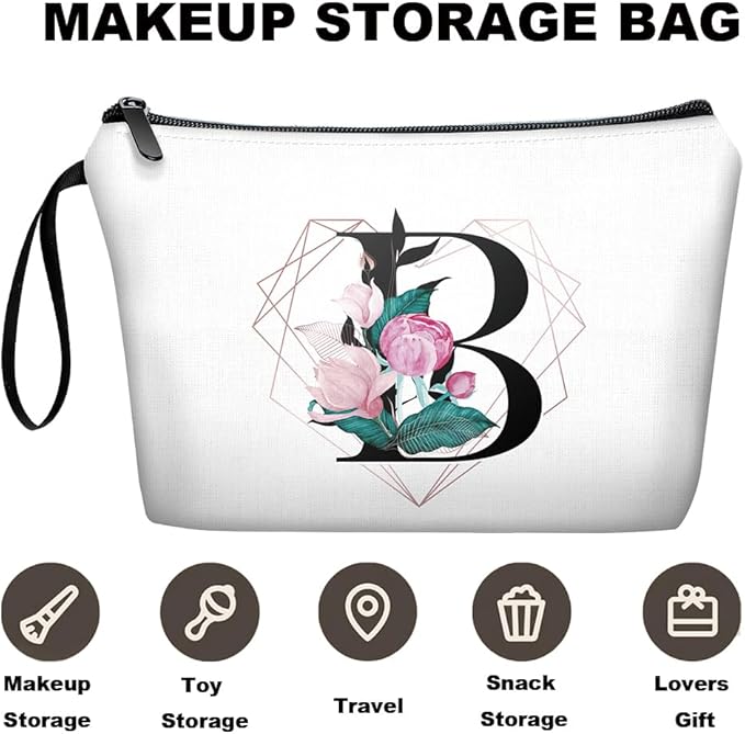 Personalized Initial B floral Makeup Bag set with Mirror for Women,White Ietter Bride Bridesmaid travel Cosmetic bag kit with10 pieces pink brush set,Initial Gifts for Girls Mom femal Friends