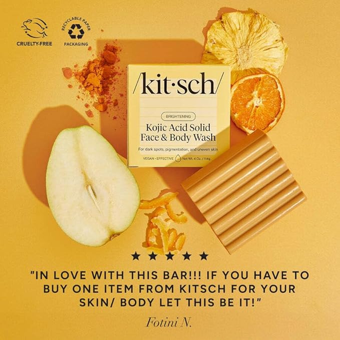 Kitsch Kojic Acid Soap – Turmeric Soap Bar with Hyaluronic Acid & Shea Butter – Brightening & Hydrating Body Wash & Face Wash for Dark Spots, Even Skin Tone & Natural Glow - Made in USA - 4 oz