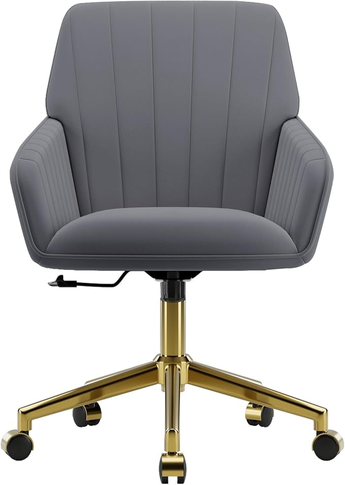 YISHENG Velvet Office Desk Chair with Gold Base, with Wheels,Modern Height Adjustable 360 Degree Swivel Upholstered Vanity Chairs with Arms for Living Room Bedroom，Gray