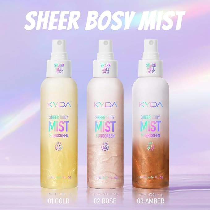 Sheer Body Sunscreen Mist, SPF 45 Ultra-fine Glowing Spray, Lightweight Hydrating Non-Greasy Quick Drying, Infused with Shimmering Radiant Glow Sunscreen Body Oil Mist-Gold,4.06 fl oz
