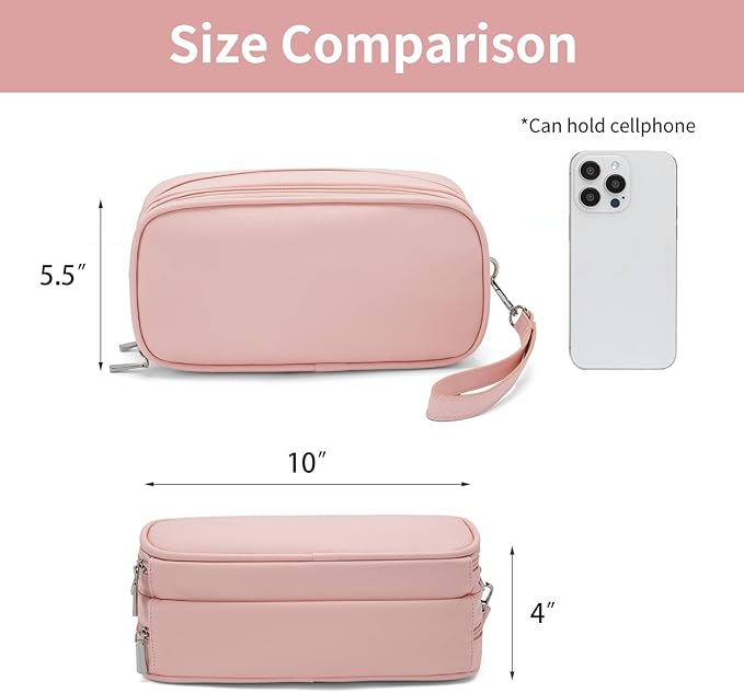 Makeup Bag for Women, Wide-open Makeup Organizer with Makeup Brush Holder, Waterproof Cosmetic Bag with Compartment, Portable Travel-Size Toiletry Bag for Traveling, Large Make Up Bag (Pink)