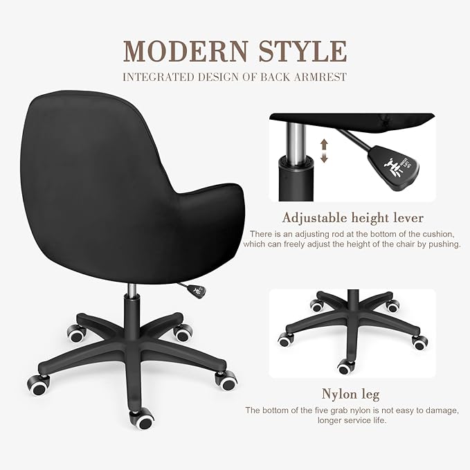 Mid Back Velvet Vanity Chair Swivel Rolling Desk Chair with Wheels, Modern Upholstered Makeup Chair for Women Girls, Computer Task Chair for Bedroom Living Room Office, Black