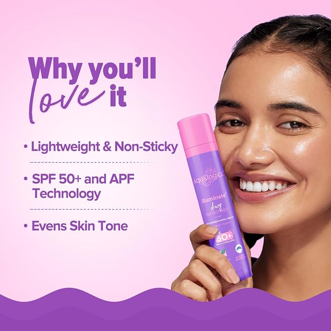 Aqualogica Illuminate+ Dewy Sunscreen SPF 50+ PA++++ with Wild Berries & Alpha Arbutin - 50 g Broad Spectrum SPF 50+ PA++++ UVA/B & Blue Light Protection Anti-Pollution Factor (APF) Technology