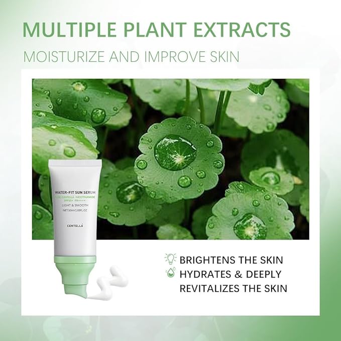 2 Pcs Centella Sunscreen, Centella Water-Fit Sun Serum SPF 50+ Light & Smooth Hyalu Cica Sunscreen