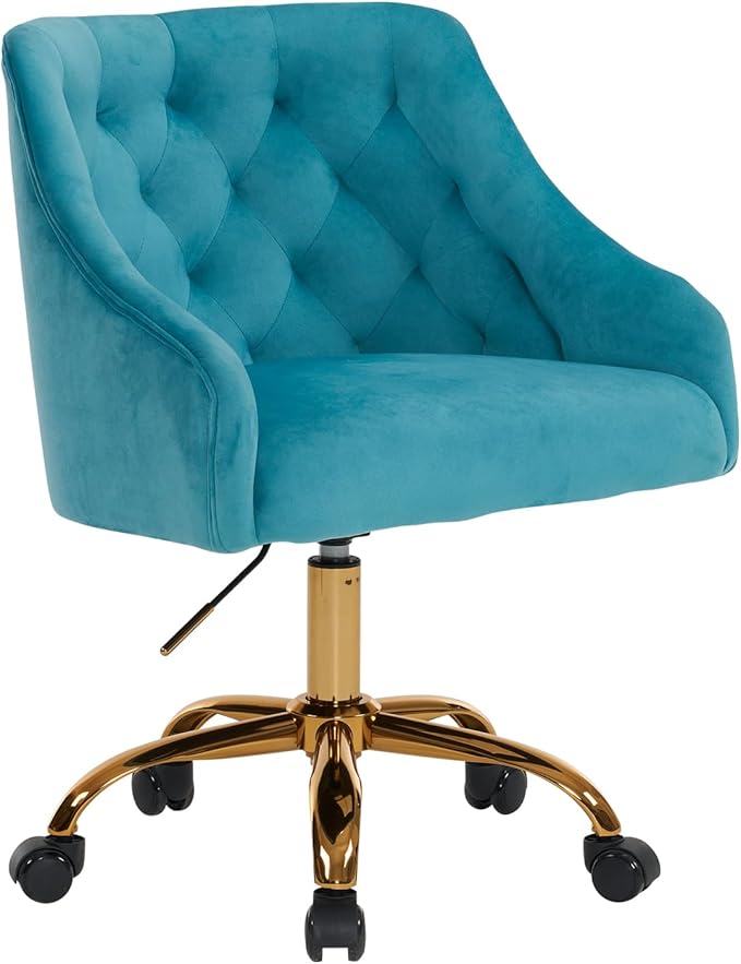 MOJAY Velvet Office Swivel Chair, Vanity Fabric Desk Pretty Fancy Gold Office Chairs for Girls, 360°Swivel Height Adjustable Reception Chair (Lake Blue)