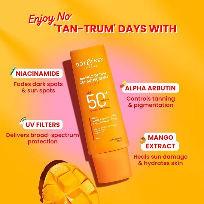 Dot&Keey's Mango Detan Gel Sunscreen SPF 50+ PA+++, Oil-Free, with Alpha-Arbutin, Niacinamide, Water Resistant, for All Skin Types, 80g