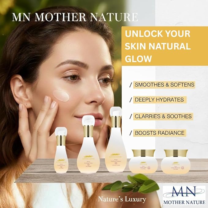 MN Mother Nature Pearl Goddess 5-Piece Skincare Set – Cleanser, Toner, Moisturizer, and Mask – Real Pearl Powder, and Mushroom Blend for Glowing, Youthful Skin – Anti-Aging and Hydrating Routine