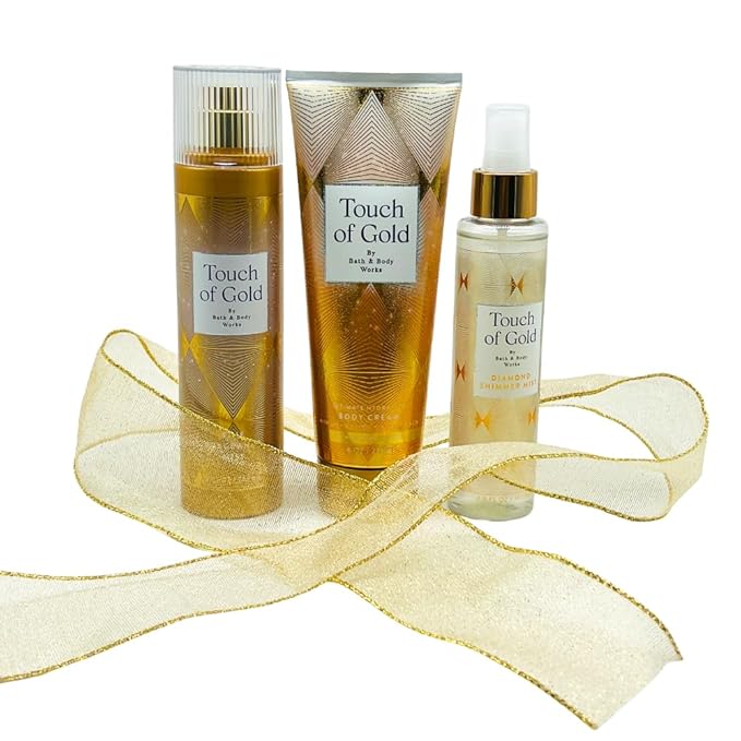 Bath & Body Works TOUCH OF GOLD Full-Size Gift Set – Fine Fragrance Mist, Diamond Shimmer Mist & Ultimate Hydration Body Cream with 40-Inch Gold Metallic Ribbon Bow – Holiday Bundle