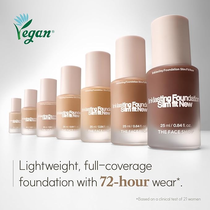THE FACE SHOP Ink Lasting Liquid Foundation, Full Coverage, 72‑Hour Wear Semi‑Matte Finish, Makeup with Bakuchiol, N010 Ivory, 0.84 Fl. Oz.