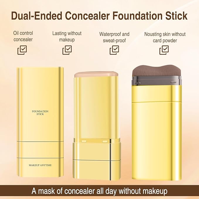 Luminous Dual-Ended Concealer Foundation Stick,Korean 3-in-1 Foundation Stick with Concealer & Brush,Double Head Foundations Make up Sticks,Full Coverage Korean Makeup Skin Tint(#01 IvoryWhite)