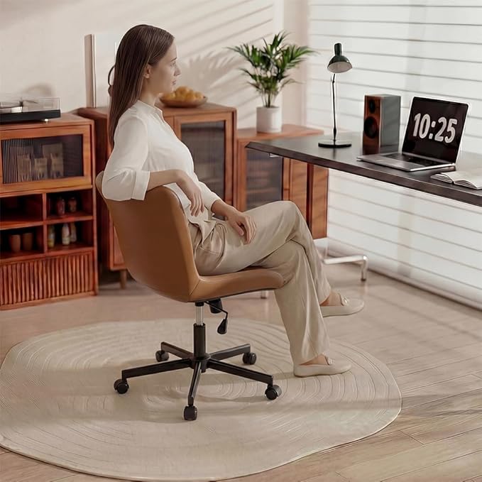 Brown Leather Armless Desk Chair, Soft Ergonomic Cushion, Height Adjustable, Rocking, Home Office