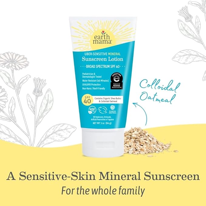 Earth Mama Uber-Sensitive Mineral Sunscreen Lotion SPF 40 | Non-Nano Zinc, Contains Organic Colloidal Oatmeal | Steroid-Free Eczema Cream for Baby, Kid & Family, 3-Ounce, 2-Pack